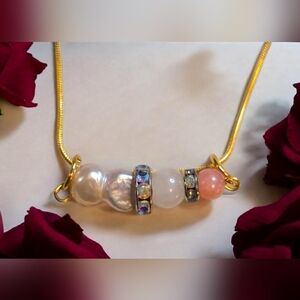 Baroque Pearl Vibe Bar Necklace | Rose Quartz & Pink Jade | 18Kgp Chain